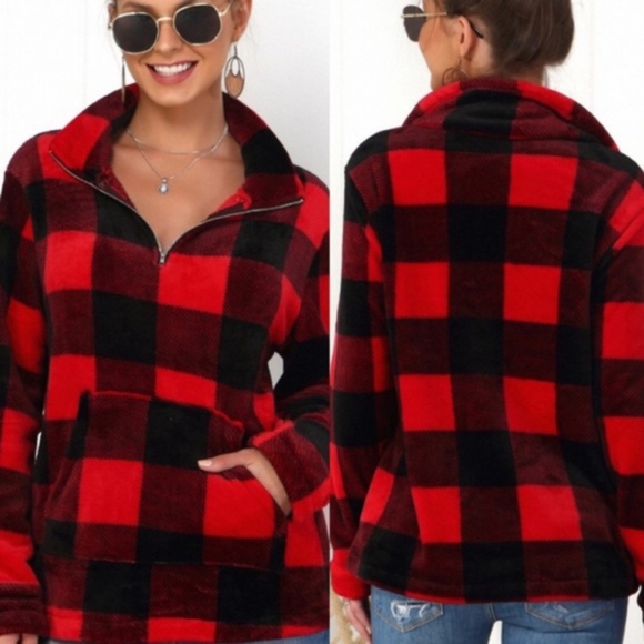 JAX Plaid Zipper detail Sweater - RED - Picture 2 of 3